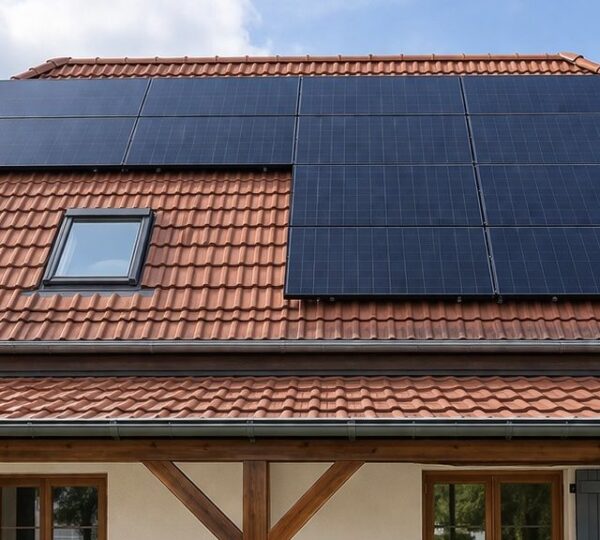Maison alsacienne à toit de tuiles équipée de panneaux photovoltaïques