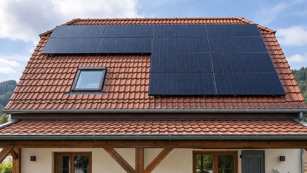 Maison alsacienne à toit de tuiles équipée de panneaux photovoltaïques